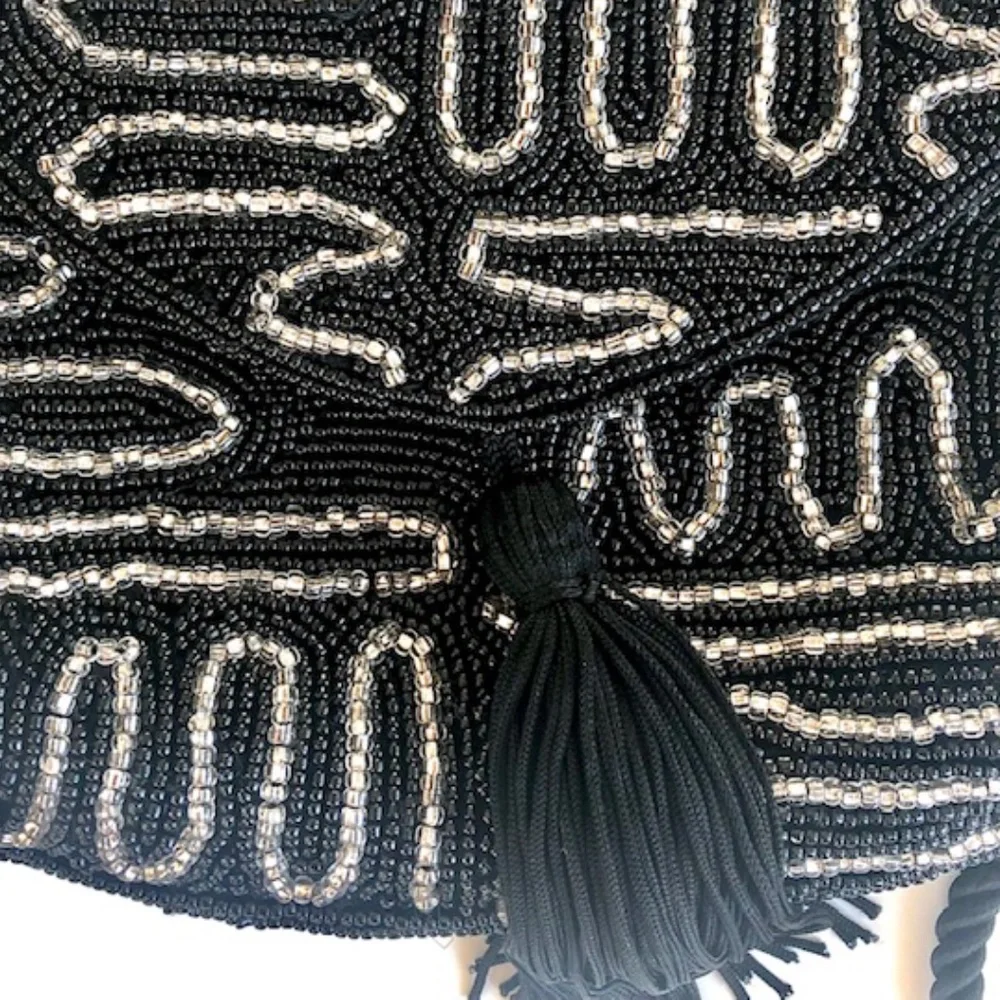 Vintage Lord & Taylor Black & Silver Beaded Crossbody Bag with Tassel - Picture 2 of 5